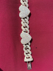 Iced Out Rhodium Plated 925 <b>Silver</b> Moissanite <b>Heart</b> Link Hip Hop Chain <b>Bracelet</b> - Product Image 5
