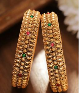 Women's 24K Gold Plated Brass Bangles Set with Zircon Stones Classic Floral Design Wedding Bridal Jewelry - Product Image 2