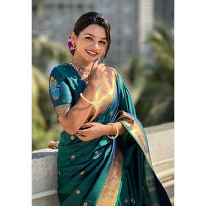 Green Zari Woven Vitthala God Traditional Paithani Silk Saree Special <b>Indian</b> & <b>Pakistani</b> <b>Clothing</b> 650g Elite Weaves - Product Image 4