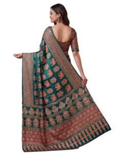 Green Digital Print Ajrak <b>Saree</b> With <b>Red</b> Motifs For Women Traditional Indian Wedding Wear Silk Fabric Floor Length Sari - Product Image 5