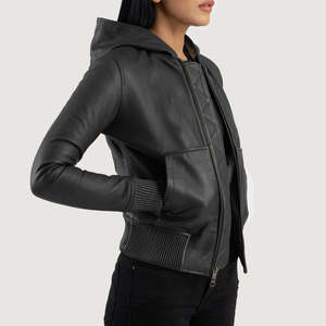 Flashback Black Hooded Genuine Leather Motorcycle Bomber <b>Jacket</b> Windproof Knitted Zipper Closure Spread Collar Solid - Product Image 2
