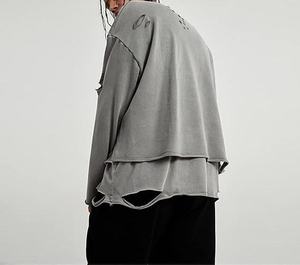 เสื้อสเวตเชิ้ต LEDUO แบบถักลายขาดๆ สไตล์ฮิปฮอป สำหรับผู้ชายและผู้หญิง ทรงปกติ คอกลม แขนยาว ปลายแขนแบบริบ ขอบเสื้อแบบดิบ - Product Image 3