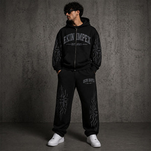 Ekin Impex Custom Streetwear French Terry Cropped <b>Distressed</b> Acid Washed Oversized Sweatpants and Zip up Hoodie Set - Product Image 1