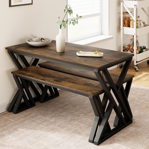Dining <b>Table</b> with 2 Benches, Dining <b>Table</b> Set for 3 <b>Brown</b> Unique X-Shaped Design Vintage Tabletop Saving Space Dining <b>Tables</b> - Product Image 4