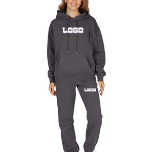 Ensemble de survêtement d'hiver personnalisé de haute qualité 100 % coton pour femme, sweat à capuche et pantalon de jogging 2 pièces, imprimé par transfert thermique, effet délavé - Product Image 1