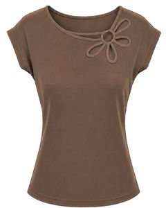Custom Coffee Brown Women Casual T Shirt Floral Ring Neck Short Sleeve Summer Fashion Soft Stretch Ladies Tee Blouse <b>Top</b> Wear - Product Image 1