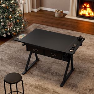 Tavolo da Disegno e Progettazione Regolabile Nero con 2 Cassetti per Casa, Ufficio e Scuola, Include Sgabello - Product Image 4