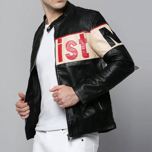 Men's PU Leather <b>Biker</b> <b>Jacket</b> With Letter Print Stand Collar Zipper Closure Regular Fit Moto Style Autumn Wear - Product Image 2