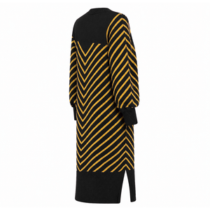 NCBW Sorority Women's Longline Open Front Cardigan Black Gold Striped Ribbed Cuffs Embroidered Duster Sweater With Side Slits - Product Image 4
