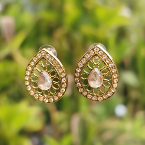 Oval Number Patterned Charm Stud Earrings-Gold Plated Zinc Alloy with Opal Pearl Diamond Accents - Product Image 3