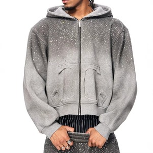 Sudadera con capucha para hombre, de algodón 100%, con cremallera, estilo urbano, con efecto desgastado y rotos, color rosa, con pedrería, OEM ODM - Product Image 4