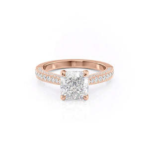 Anillo de compromiso de moissanita con corte cojín, banda de oro rosa de doble fila con pavé, anillo nupcial vintage con milgrain - Product Image 5