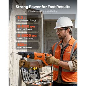 Trapano a percussione elettrico professionale con filo, SDS-Plus 1-1/8 pollici, 4 funzioni, inclusi 3 punte da trapano e scalpello piatto - Product Image 2