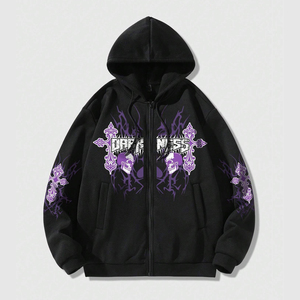 Sweat-shirt unisexe gothique à capuche et fermeture éclair noir avec motif lettres, coupe oversize, pour l'automne, ajustement régulier, respirant, imprimé numérique - Product Image 1