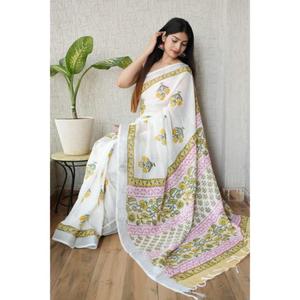 Sarees de lino con estampado único en algodón puro y blusa de lino para mujer, que dan un aspecto hermoso en bodas, fiestas y festivales. - Product Image 1
