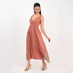 Vestido largo de gasa con estampado geométrico rojo, tirantes finos, cintura elástica, espalda fruncida, ropa informal de verano - Product Image 2