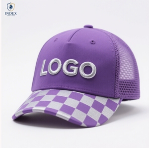 INDEX APPAREL <b>Purple</b> Mesh Trucker Cap 6-Panel Adjustable Unisex Casual <b>Hat</b> Spring Summer Checkered Brim Embroidery Logo Front - Product Image 1