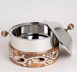 Plat de service en acier inoxydable avec base en bois, chauffe-plat isolé, bol de service pour buffet d'hôtel - Product Image 1