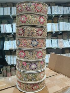 Premium 3D Floral Embroidery <b>Lace</b> with Hand-Applied Beads and Multi-Color Flower Work Textile Trim for Bridal Wear and Decoratio - Product Image 1