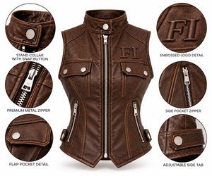 Women Vintage Brown Leather Vest Premium Moto <b>Biker</b> <b>Waistcoat</b> Custom Sleeveless Motorcycle Fashion Streetwear Leather Outerwear - Product Image 6