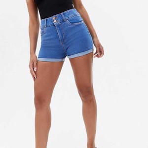 Shorts de Mezclilla de Cintura Alta para Mujer, Color Sólido, Cierre de Botones, Estilo Casual de Verano, Corte Regular, Azul - Product Image 4