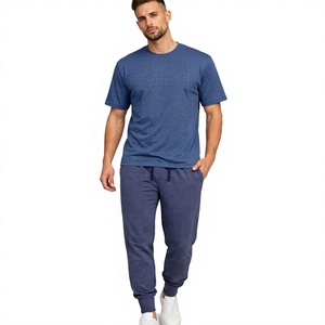 Conjunto Deportivo de Algodón Azul para Hombre, Camiseta de Cuello Redondo con Pantalones Deportivos con Cordón, Ropa Casual de Otoño, Color Sólido, Largo Completo, Corte Regular - Product Image 1