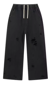 Pantalon de survêtement gris déchiré pour homme, taille élastique avec cordon de serrage, style décontracté, effet usé, tissu en coton respirant, idéal pour l'automne - Product Image 6