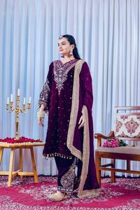 <b>Women's</b> <b>Velvet</b> Salwar Kameez Suit Set Embroidered Sequin Rivet Dupatta Burgundy Pakistani Indian Formal Wear - Product Image 2