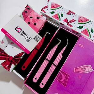 Premium Custom Tools Stainless Steel Pink Dollar Watermelon <b>Bow</b> Theme Lash Set 90 Degree Curve 10mm Tweezer Perfect Grip - Product Image 5