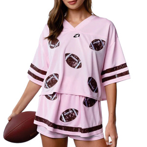 Custom Women’s Cropped Pink American Football Jersey V Neck Sports Inspired Two Piece Short Set Private Label Apparel Supplier - Product Image 4