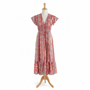 Premium Bohemian Maxi <b>Dress</b> for Women with Floral Ethnic Print Flutter Sleeves V Neck and Flowy Tiered Hem Summer Vacation Wear - Product Image 1