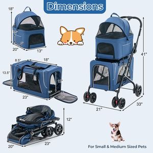 Passeggino Doppio Pieghevole 3 in 1 per Animali Domestici con 2 Trasportini Staccabili per Cani - Product Image 4