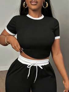 Ensemble pantalon deux pièces pour femmes, nouvelle mode Instagram, manches courtes, haut court patchwork, pantalon à cordon de serrage, survêtement pour femmes - Product Image 4