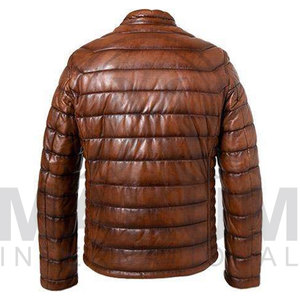 <b>Quilted</b> Leather Jacket Stand Collar Zipper Closure Windproof Casual <b>Winter</b> Wear Slim Fit Regular Length - Product Image 3