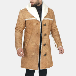 Wholesale <b>Vintage</b> Fur Leather <b>Trench</b> <b>Coat</b> Premium Men's Winter Long Customizable Horn Button Closure - Product Image 3