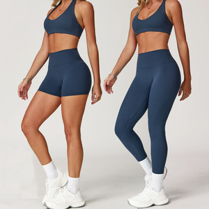 Conjunto Deportivo de Dos Piezas para Mujer, Top Corto y Pantalones Cortos de Yoga Sin Costuras, Transpirable, de Spandex/Algodón, Cuello en V, Ropa Deportiva Elástica para Gimnasio - Product Image 1