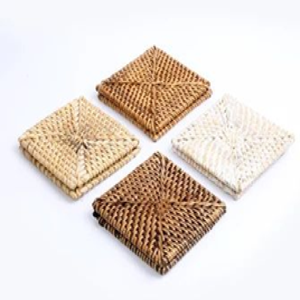 Square handwoven rattan <b>drink</b> <b>coasters</b> shown in a variety of natural brown and light neutral shades, at wholesale prices. - Product Image 1