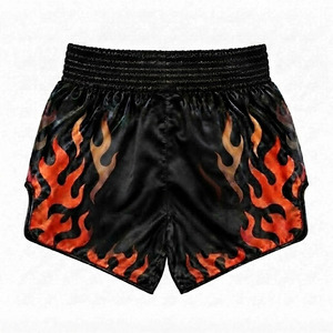 Custom Logo Black Flame Muay Thai Shorts | Premium Satin Fire Kickboxing <b>Trunks</b> | Professional <b>Men's</b> MMA & Boxing Fightwear - Product Image 2