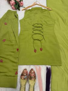 Traditional Indian Pakistani <b>Women's</b> Cotton <b>Kurta</b> Set Green Embroidered Loose Fit Ankle-Length Casual Summer Wear - Product Image 5