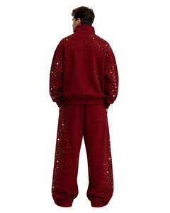 Custom Logo Burgundy Sparkly Full Zip <b>Rhinestone</b> Oversized <b>Jacket</b> Baggy Sweatpants Men 450GSM Heavy Fleece Hip Hop Bling Hoodies - Product Image 3