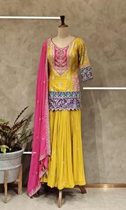 Traje Sharara de Seda Bordado en Amarillo Mostaza con Dupatta Rosa, Diseño Elegante hasta el Suelo para Bodas/Fiestas, Todas las Temporadas - Product Image 2