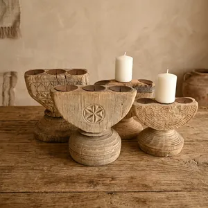 Vintage Wooden Hand Carved Multi Candle Holder Stand Rustic Farmhouse <b>Table</b> Decor Centerpiece for Living Room Bedroom Dining - Product Image 6