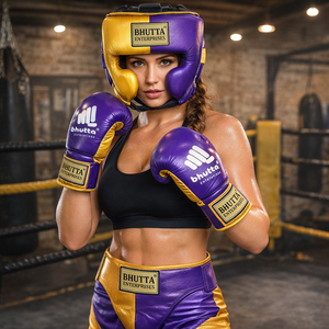 Ensemble de boxe en cuir véritable durable OEM, logo personnalisé, jaune et bleu, équipement d'entraînement pour salles de sport professionnelles et entraînement MMA - Product Image 1