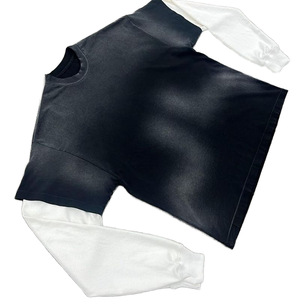 T-shirt à manches longues pour homme, noir avec manches blanches, col rond, coupe classique, tricoté, style décontracté, couleur unie, design à blocs de couleurs - Product Image 5