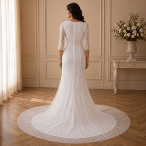 Women White Beaded Wedding Dress V Neck Half Sleeve Mermaid Bridal Gown Embellished Floor Length Train Elegant Formal Ceremony - Product Image 4