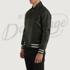 เสื้อแจ็คเก็ตหนังแท้สีเขียวเข้มสำหรับผู้ชาย คอปกเสื้อเชิ้ต สไตล์วาร์ซิตี้ บอมเบอร์โค้ท แขนเสื้อแบบริบแถบลายทาง ทรงเข้ารูป - Product Image 5