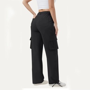 Pantalon droit taille haute pour femmes noires avec poches, pantalon de jogging décontracté longueur entière - Product Image 2