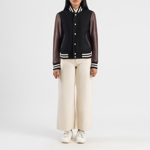 Factory Price <b>Black</b> <b>Women's</b> Contrast Sleeves Knitted Breathable Winter Stand Collar Printed Varsity Baseball <b>Jacket</b> <b>Wool</b> Closure - Product Image 4