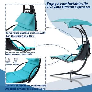 53.15-Inch Outdoor Teal Curved Steel Hammock Lounge Chair with Built-In Pillow and Removable Canopy - Product Image 4