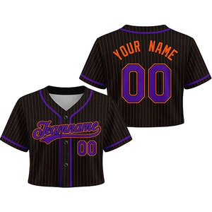 Camiseta de Béisbol Personalizada para Niñas en Negro, Morado y Naranja, con Franjas y Nombre - Product Image 1